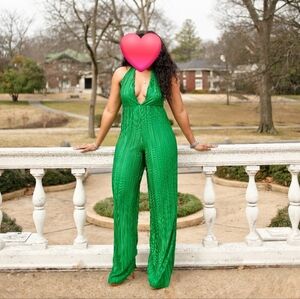 Pretty Little Thing green plisse plunge jumpsuit